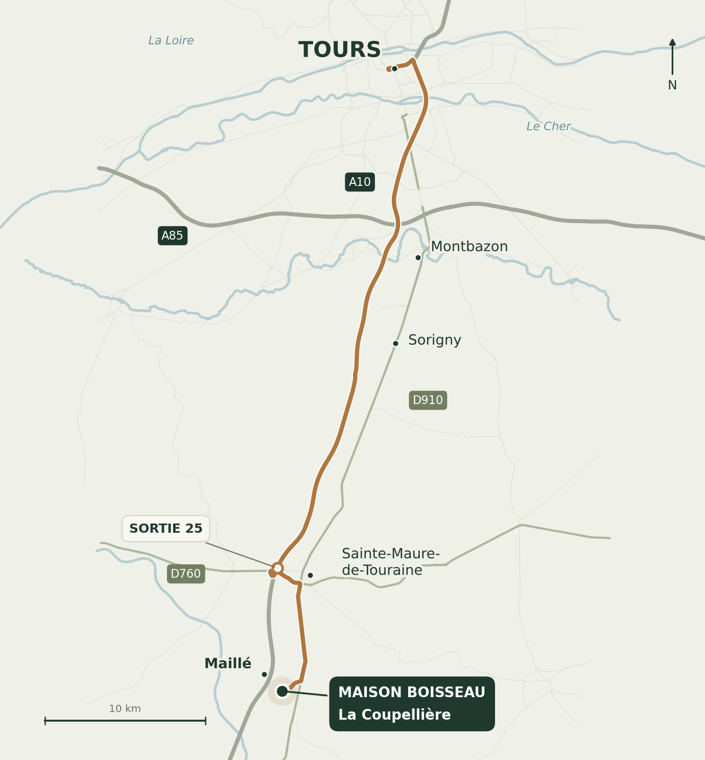 Carte de Tours à Maison Boisseau, La Coupellière à Maillé. L’itinéraire suit l’A10 vers le sud, sort à Sainte-Maure-de-Touraine par la sortie 25, puis rejoint la D760 et la D910. Montbazon, Sorigny et l’A85 sont également repérés.